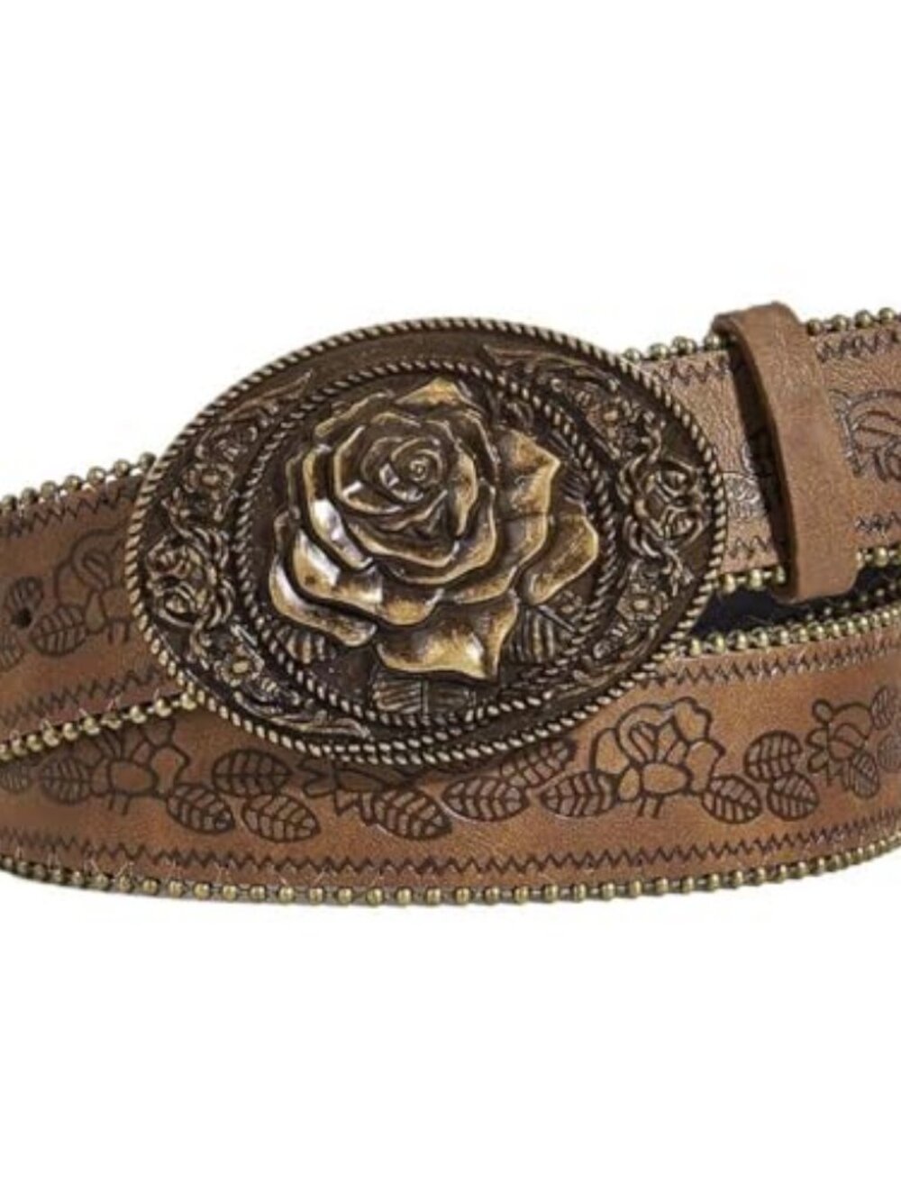 Women Western Belt with Heart Embossed Buckle Vintage Brown Belt for Jeans Pant